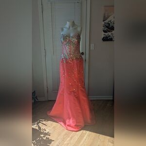 Precious Formals Strapless Coral Gown with Beaded Details